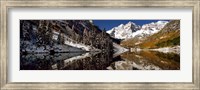 Reflection of snowy mountains in the lake, Maroon Bells, Elk Mountains, Colorado, USA Fine Art Print