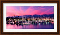 Boats moored in harbor at sunset, Santa Barbara Harbor, Santa Barbara County, California, USA Fine Art Print