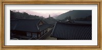 Buddhist temple with mountain range in the background, Kayasan Mountains, Haeinsa Temple, Gyeongsang Province, South Korea Fine Art Print