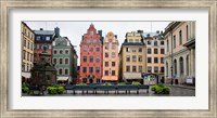 Benches at a small public square, Stortorget, Gamla Stan, Stockholm, Sweden Fine Art Print