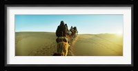 Row of people riding camels through the desert, Sahara Desert, Morocco Fine Art Print