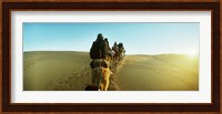 Row of people riding camels through the desert, Sahara Desert, Morocco Fine Art Print