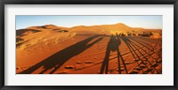 Shadows of camel riders in the desert at sunset, Sahara Desert, Morocco Fine Art Print