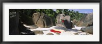 Nudist corner written on a rock on the beach, Mahe Island, Seychelles Fine Art Print