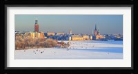People strolling across frozen Riddarfjarden, Riddarholmen, Stockholm, Sweden Fine Art Print