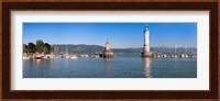 Entrance of the harbor with the Bavarian lion and the lighthouse, Lindau, Lake Constance, Bavaria, Germany Fine Art Print