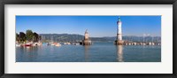 Entrance of the harbor with the Bavarian lion and the lighthouse, Lindau, Lake Constance, Bavaria, Germany Fine Art Print