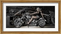 Female model with a motorcycle in a workshop Fine Art Print