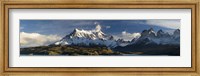 Lake in front of mountains, Lake Pehoe, Cuernos Del Paine, Paine Grande, Torres del Paine National Park, Chile Fine Art Print