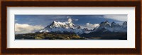 Lake in front of mountains, Lake Pehoe, Cuernos Del Paine, Paine Grande, Torres del Paine National Park, Chile Fine Art Print