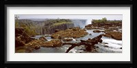 Log on the rocks at the top of the Victoria Falls with Victoria Falls Bridge in the background, Zimbabwe Fine Art Print