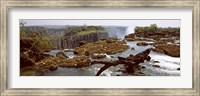 Log on the rocks at the top of the Victoria Falls with Victoria Falls Bridge in the background, Zimbabwe Fine Art Print