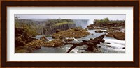 Log on the rocks at the top of the Victoria Falls with Victoria Falls Bridge in the background, Zimbabwe Fine Art Print