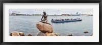 Little Mermaid Statue with tourboat in a canal, Copenhagen, Denmark Framed Print