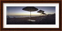 Beach chairs and straw sun umbrellas on Patara Beach on the Mediterranean Sea at sunset, Patara, Antalya Province, Turkey Fine Art Print