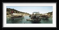 Boats with people swimming in the Mediterranean sea, Kas, Antalya Province, Turkey Fine Art Print