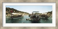 Boats with people swimming in the Mediterranean sea, Kas, Antalya Province, Turkey Fine Art Print