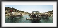 Boats with people swimming in the Mediterranean sea, Kas, Antalya Province, Turkey Fine Art Print