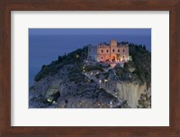 High angle view of a church lit up at dusk on a cliff, Santa Maria dell Isola, Tropea, Calabria, Italy Fine Art Print