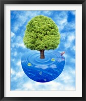 Lush green tree growing from half sphere of blue water and ripples floating in cloudy blue sky Fine Art Print