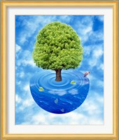Lush green tree growing from half sphere of blue water and ripples floating in cloudy blue sky Fine Art Print