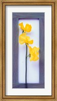 Rectangular purple frame with yellow flowers on green stems in center on pink background Fine Art Print
