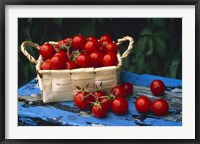 Still life of cherry tomatoes in a rectangular woven basket sitting on distressed blue painted table top Fine Art Print