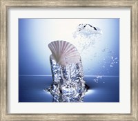 White scallop shell being raised on pillar of bubbling water Fine Art Print