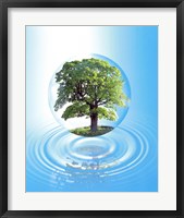 A clear sphere with a full tree floats over a large water ring with reflection Fine Art Print