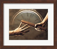 Close up of two runners hands passing the baton in relay race in front of old European clock face Fine Art Print
