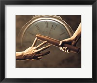 Close up of two runners hands passing the baton in relay race in front of old European clock face Fine Art Print