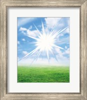 Bright star like light floating in blue sky and clouds over green land Fine Art Print