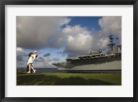 Sculpture Unconditional Surrender with USS Midway aircraft carrier, San Diego, California, USA Fine Art Print