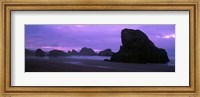 Silhouette of rock formations in the sea against a pink sky, Myers Creek Beach, Oregon Fine Art Print
