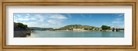 Town at the waterfront, vineyards on the hill in background, Tain-l'Hermitage, Rhone River, Rhone-Alpes, France Fine Art Print