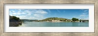 Town at the waterfront, vineyards on the hill in background, Tain-l'Hermitage, Rhone River, Rhone-Alpes, France Fine Art Print