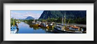 Boats docked at a harbor, Puerto Aisen, AISEN Region, Patagonia, Chile Fine Art Print