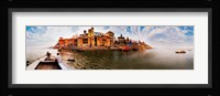 Buildings at riverbank viewed from a boat, Ganges River, Varanasi, Uttar Pradesh, India Fine Art Print