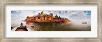 Buildings at riverbank viewed from a boat, Ganges River, Varanasi, Uttar Pradesh, India Fine Art Print
