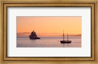 Tugboat and a tall ship in the Baie de Douarnenez at sunrise, Finistere, Brittany, France Fine Art Print