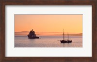 Tugboat and a tall ship in the Baie de Douarnenez at sunrise, Finistere, Brittany, France Fine Art Print