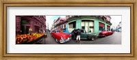 360 degree view of old cars and fruit stand on a street, Havana, Cuba Fine Art Print