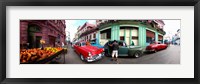 360 degree view of old cars and fruit stand on a street, Havana, Cuba Fine Art Print
