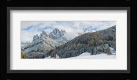 Little church at the snowy valley in winter, St Johann Church, Val di Funes, Dolomites, Italy Fine Art Print