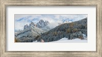 Little church at the snowy valley in winter, St Johann Church, Val di Funes, Dolomites, Italy Fine Art Print