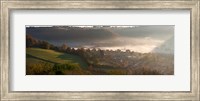 Misty morning valley with village, Uley, Gloucestershire, England Fine Art Print