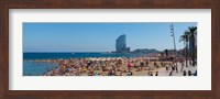 Tourists on the beach with W Barcelona hotel in the background, Barceloneta Beach, Barcelona, Catalonia, Spain Fine Art Print
