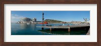 Pier on the sea with World Trade Centre in the background, Port Vell, Barcelona, Catalonia, Spain Fine Art Print