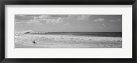 Surfer standing on the beach in black and white, Oahu, Hawaii Framed Print