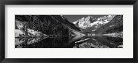 Reflection of a mountain in a lake in black and white, Maroon Bells, Aspen, Colorado Framed Print